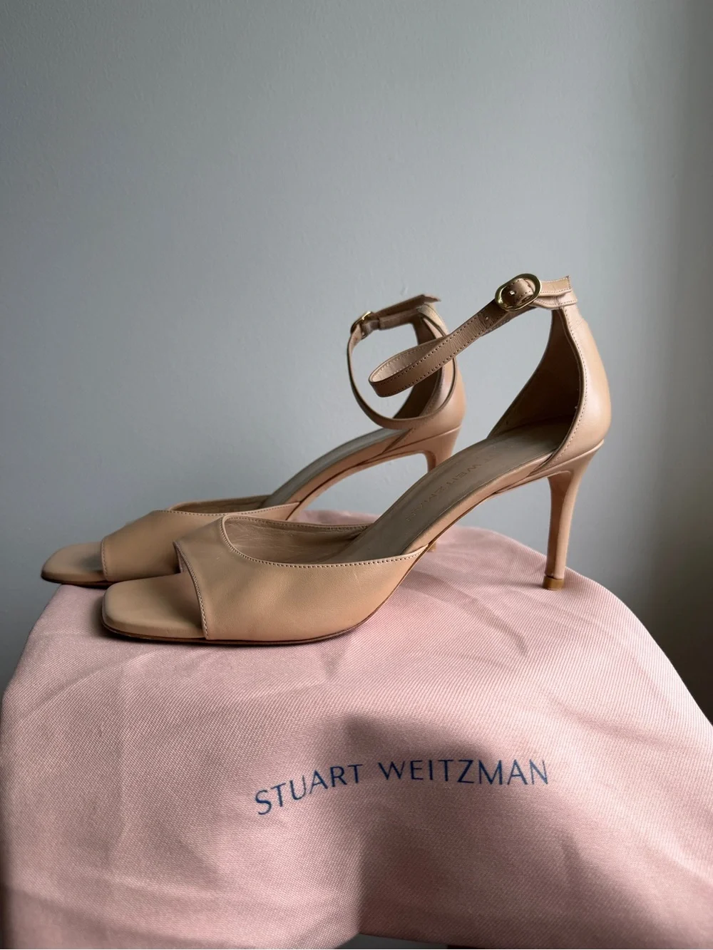 Stuart Weitzman Beige Leather Ankle-Strap Open-Toe Heels